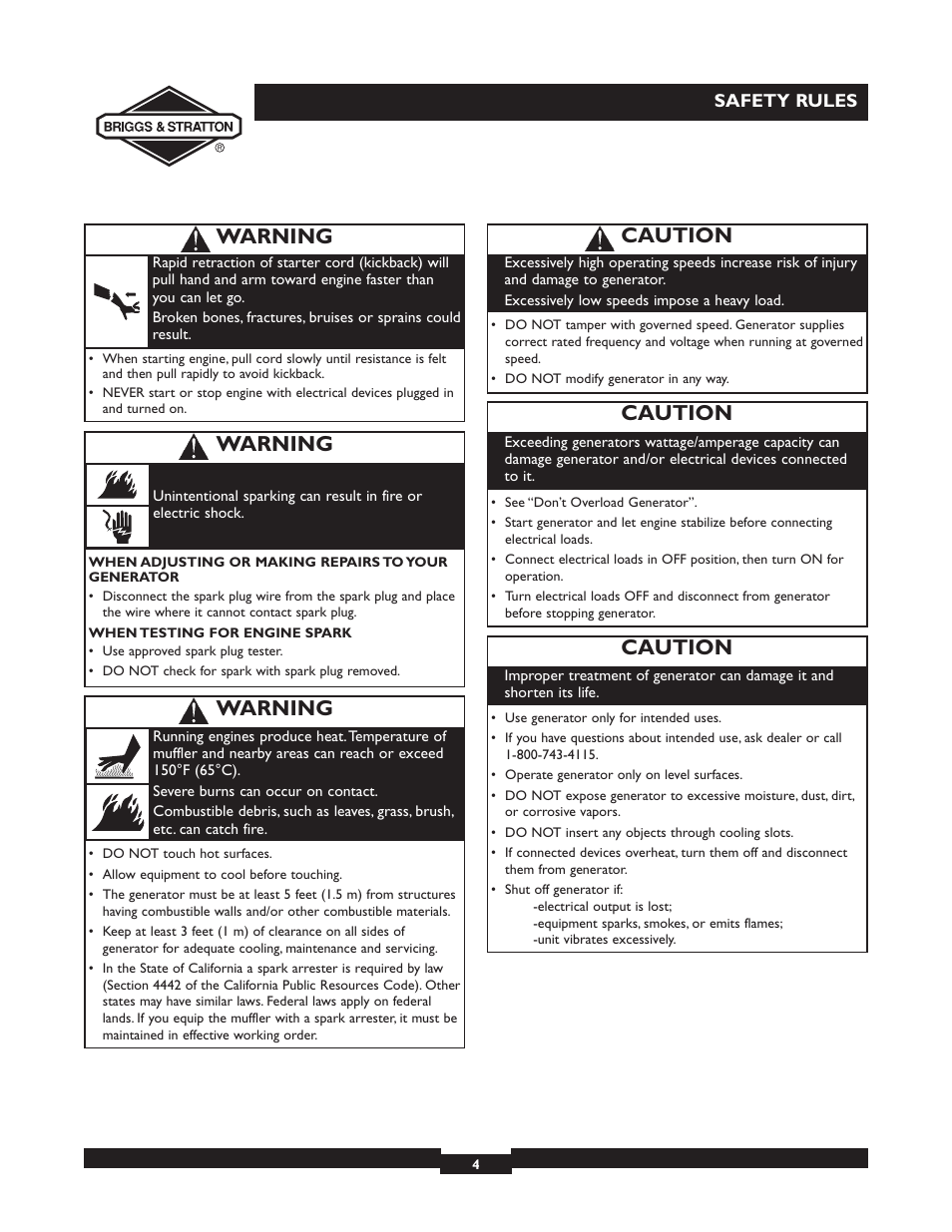 Caution, Warning | Briggs & Stratton 30238 User Manual | Page 4 / 44