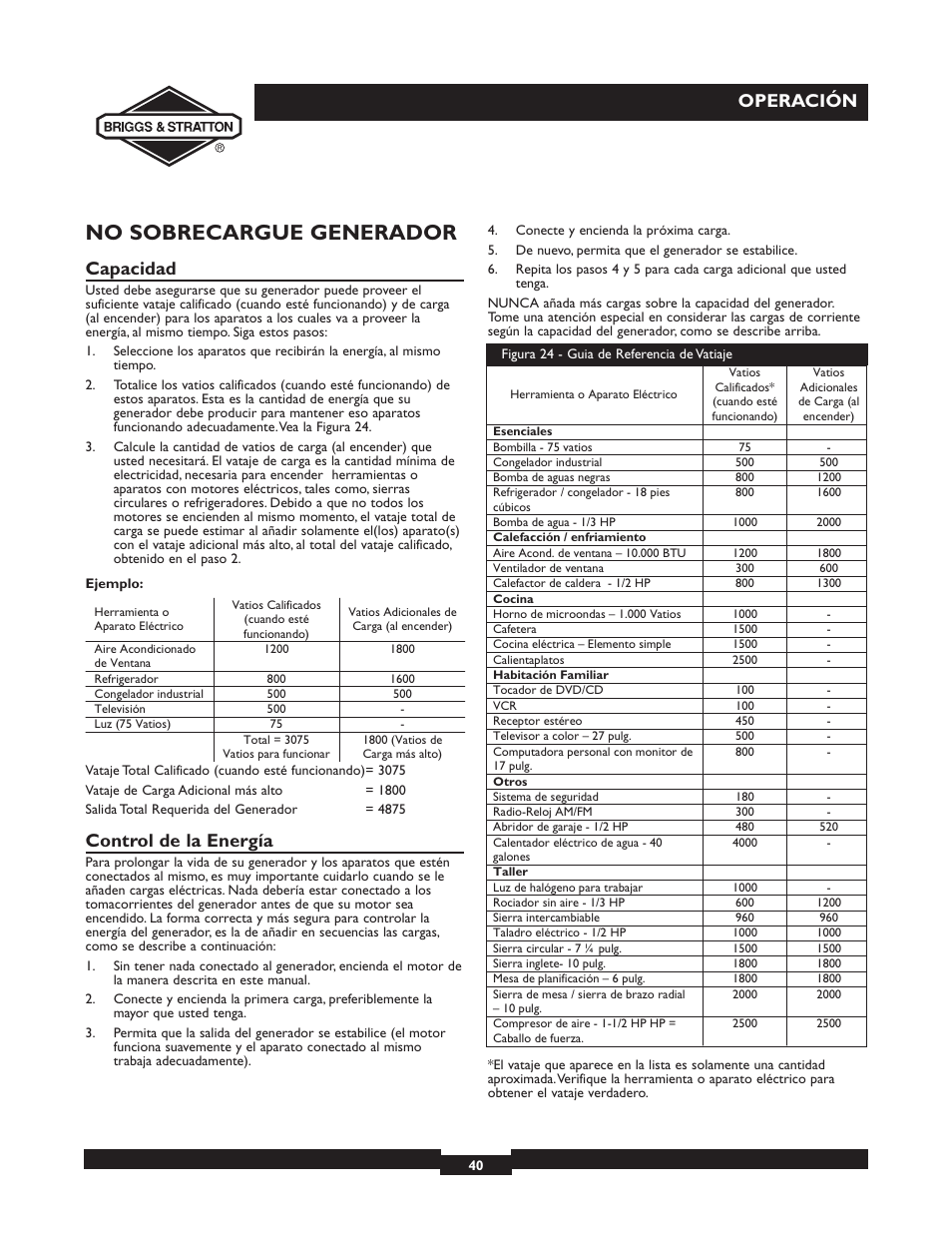 No sobrecargue generador, Operación, Capacidad | Control de la energía | Briggs & Stratton 30238 User Manual | Page 40 / 44