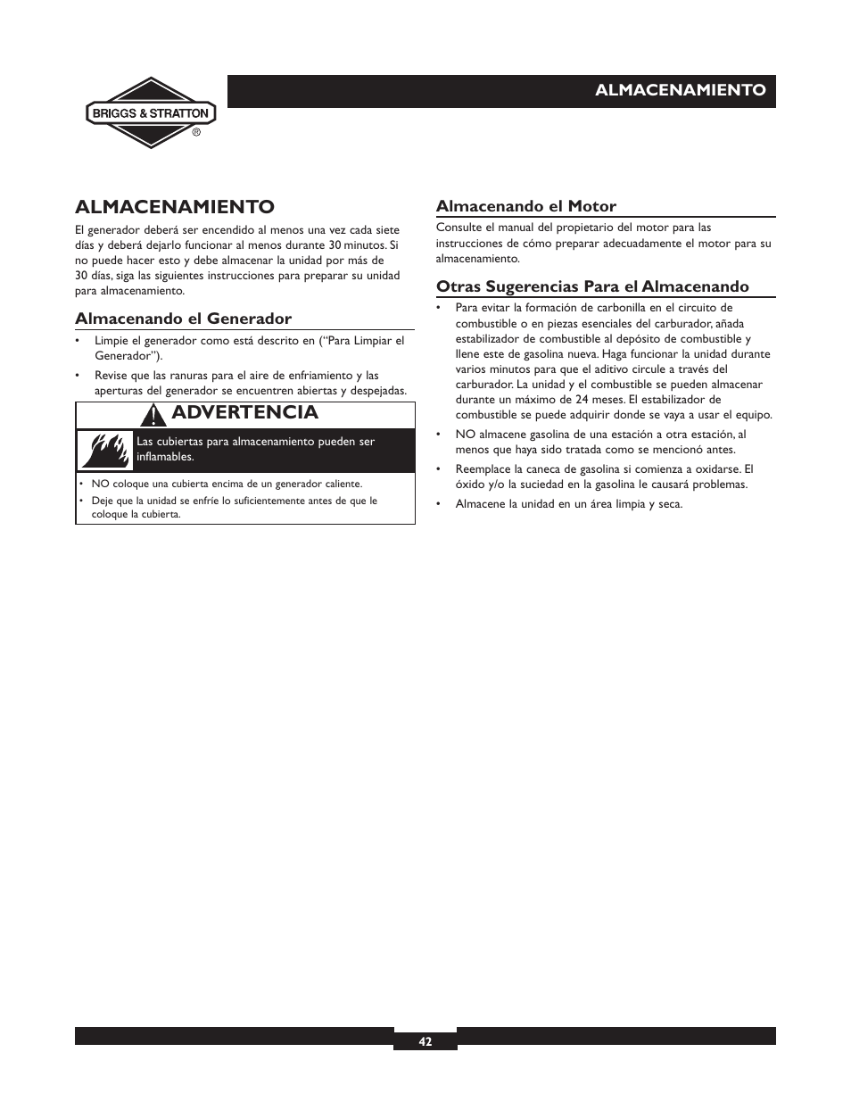 Almacenamiento, Advertencia | Briggs & Stratton 30238 User Manual | Page 42 / 44