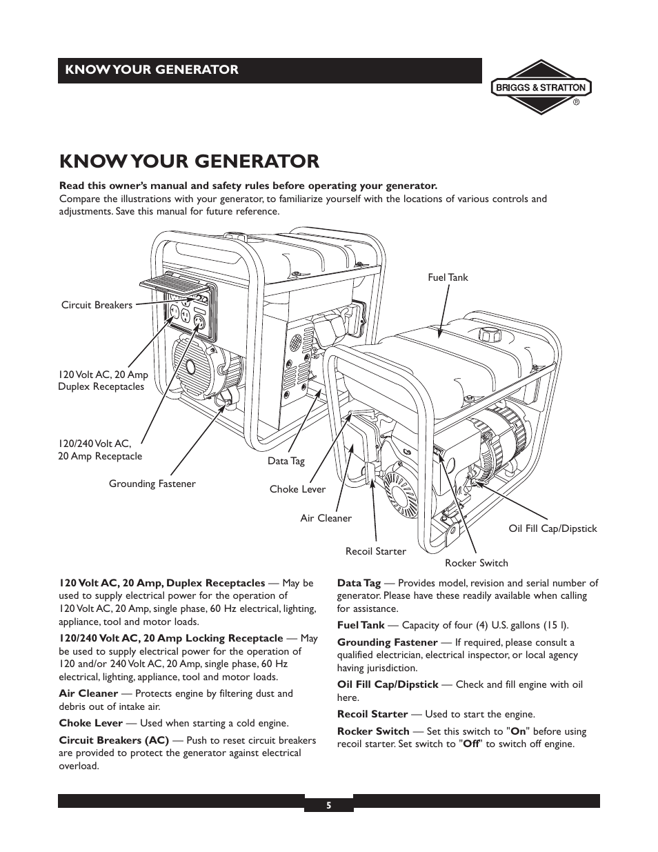 Know your generator | Briggs & Stratton 30238 User Manual | Page 5 / 44