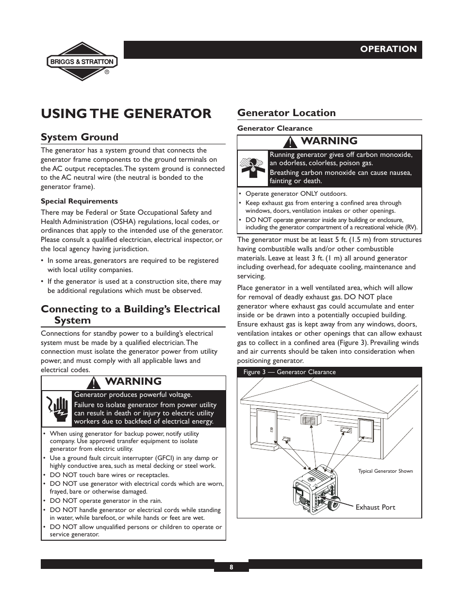 Using the generator, System ground, Connecting to a building’s electrical system | Generator location, Warning | Briggs & Stratton 30238 User Manual | Page 8 / 44