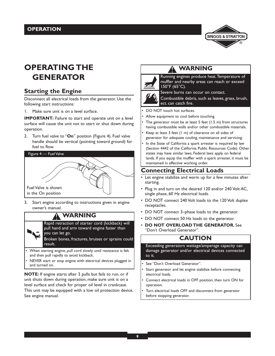 Operating the generator, Starting the engine, Connecting electrical loads | Caution, Warning | Briggs & Stratton 30238 User Manual | Page 9 / 44