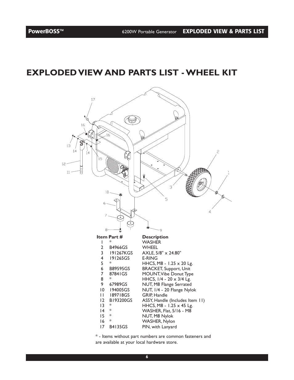 Exploded view and parts list - wheel kit | Briggs & Stratton PowerBoss 30201 User Manual | Page 6 / 6