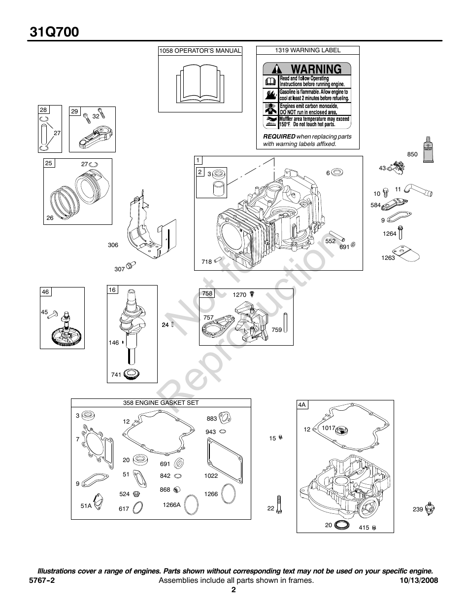 Not for reproduction | Briggs & Stratton 31Q700 User Manual | Page 2 / 16