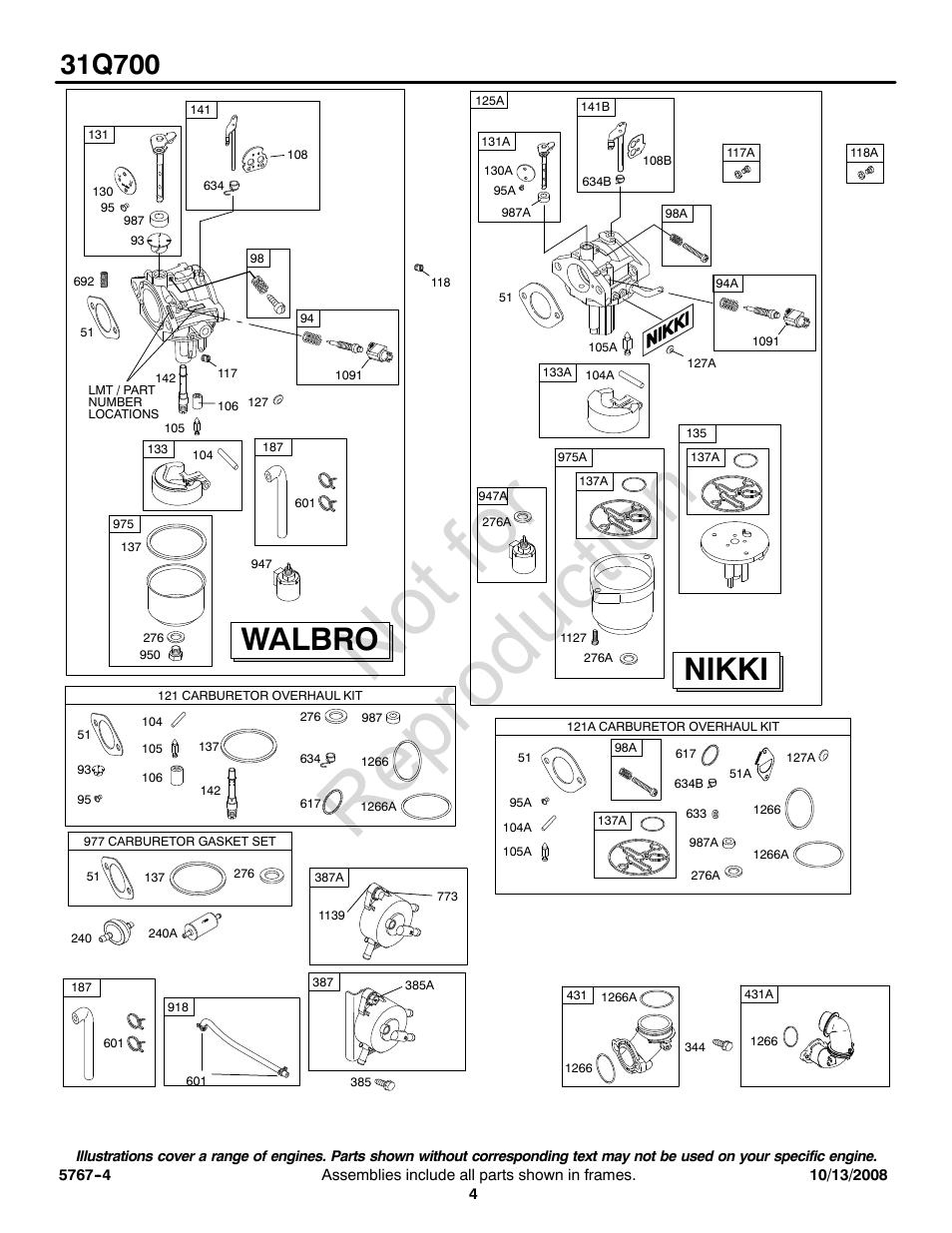 Not for reproduction, Walbro, Nikki | Briggs & Stratton 31Q700 User Manual | Page 4 / 16