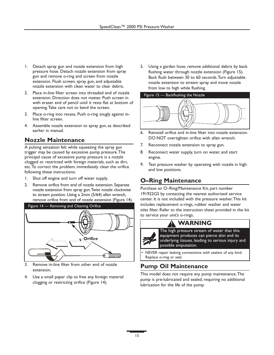 Nozzle maintenance, O–ring maintenance, Pump oil maintenance | Warning | Briggs & Stratton 020238-0 User Manual | Page 15 / 36