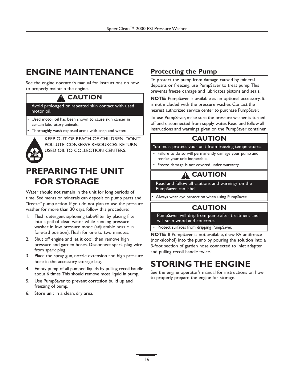 Engine maintenance, Preparing the unit for storage, Storing the engine | Protecting the pump, Caution | Briggs & Stratton 020238-0 User Manual | Page 16 / 36