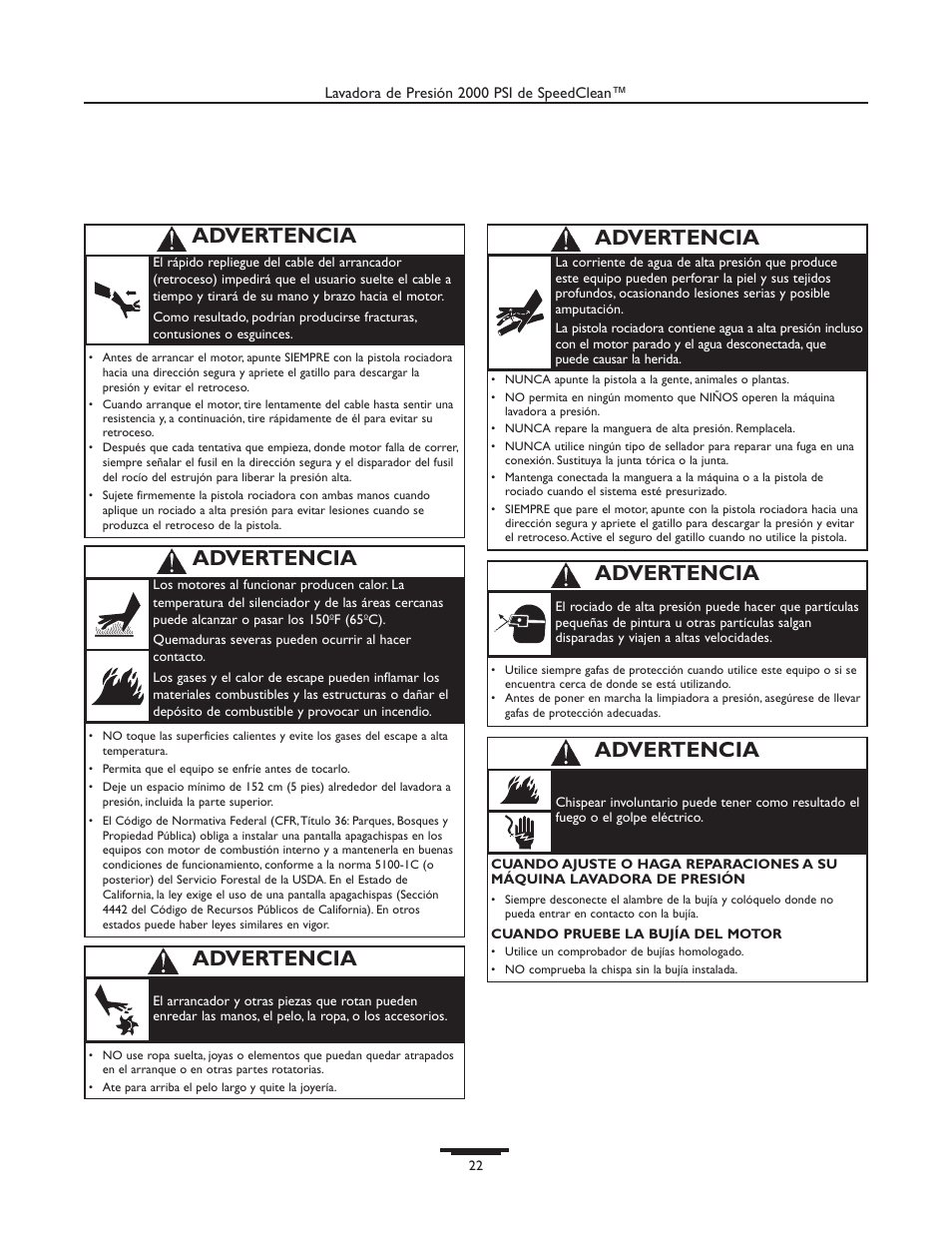 Advertencia | Briggs & Stratton 020238-0 User Manual | Page 22 / 36