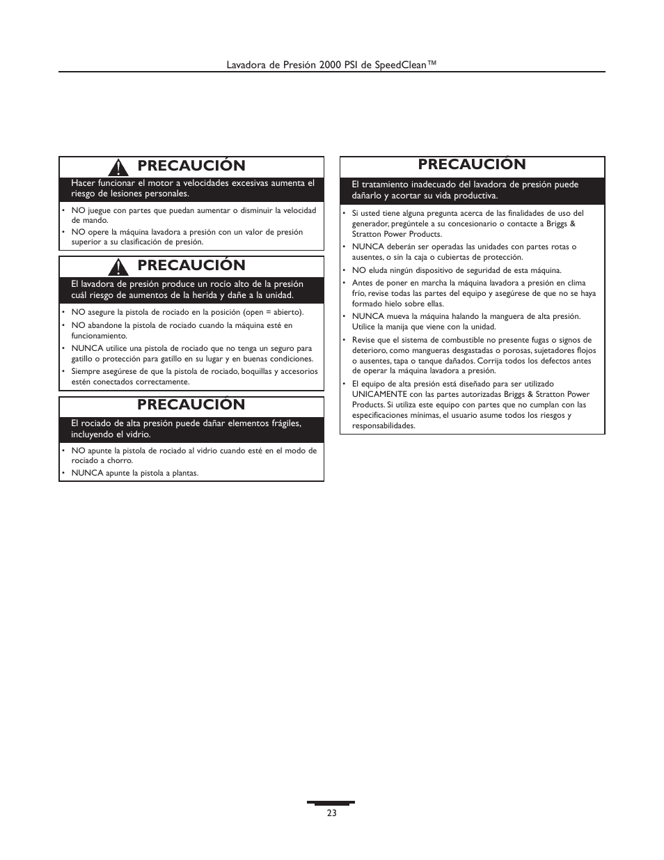 Precaución | Briggs & Stratton 020238-0 User Manual | Page 23 / 36