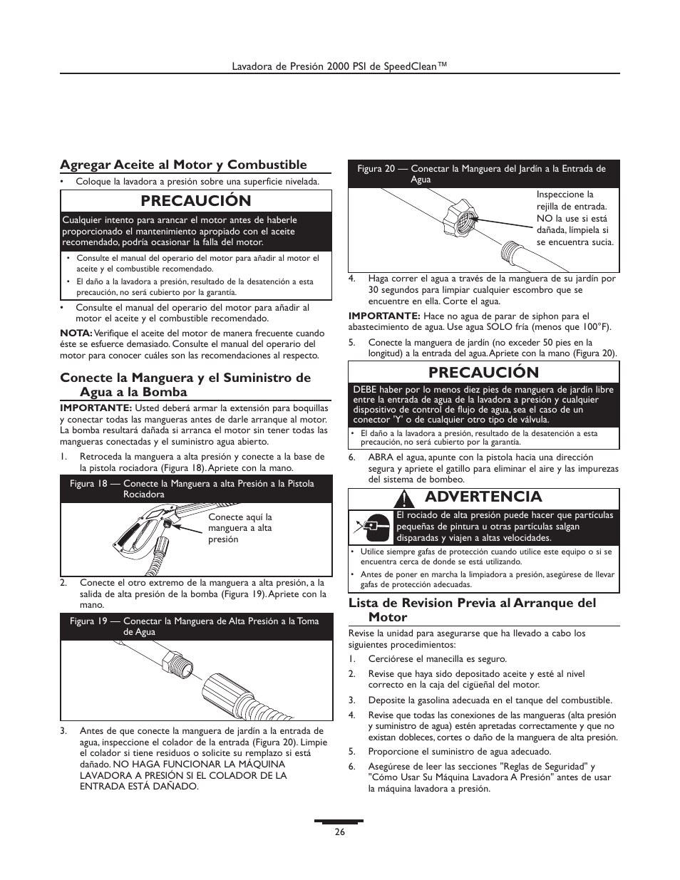Precaución, Advertencia, Agregar aceite al motor y combustible | Lista de revision previa al arranque del motor | Briggs & Stratton 020238-0 User Manual | Page 26 / 36
