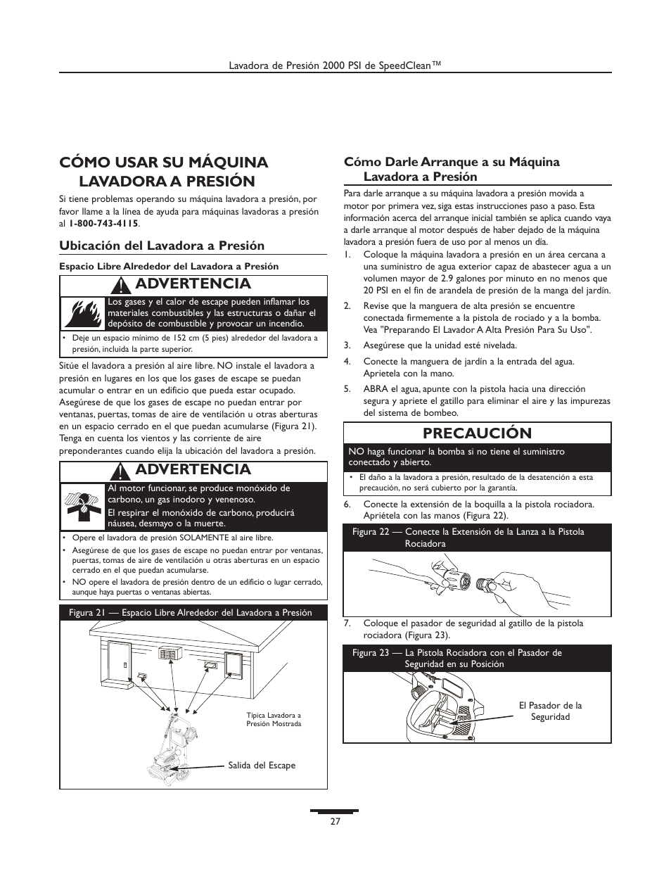 Cómo usar su máquina lavadora a presión, Precaución, Advertencia | Ubicación del lavadora a presión | Briggs & Stratton 020238-0 User Manual | Page 27 / 36