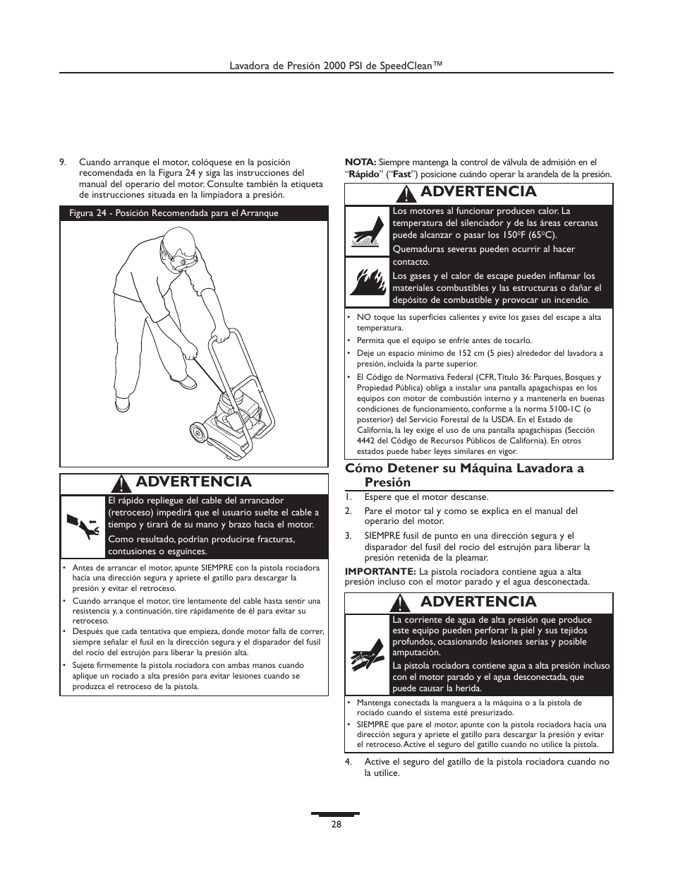 Advertencia, Cómo detener su máquina lavadora a presión | Briggs & Stratton 020238-0 User Manual | Page 28 / 36