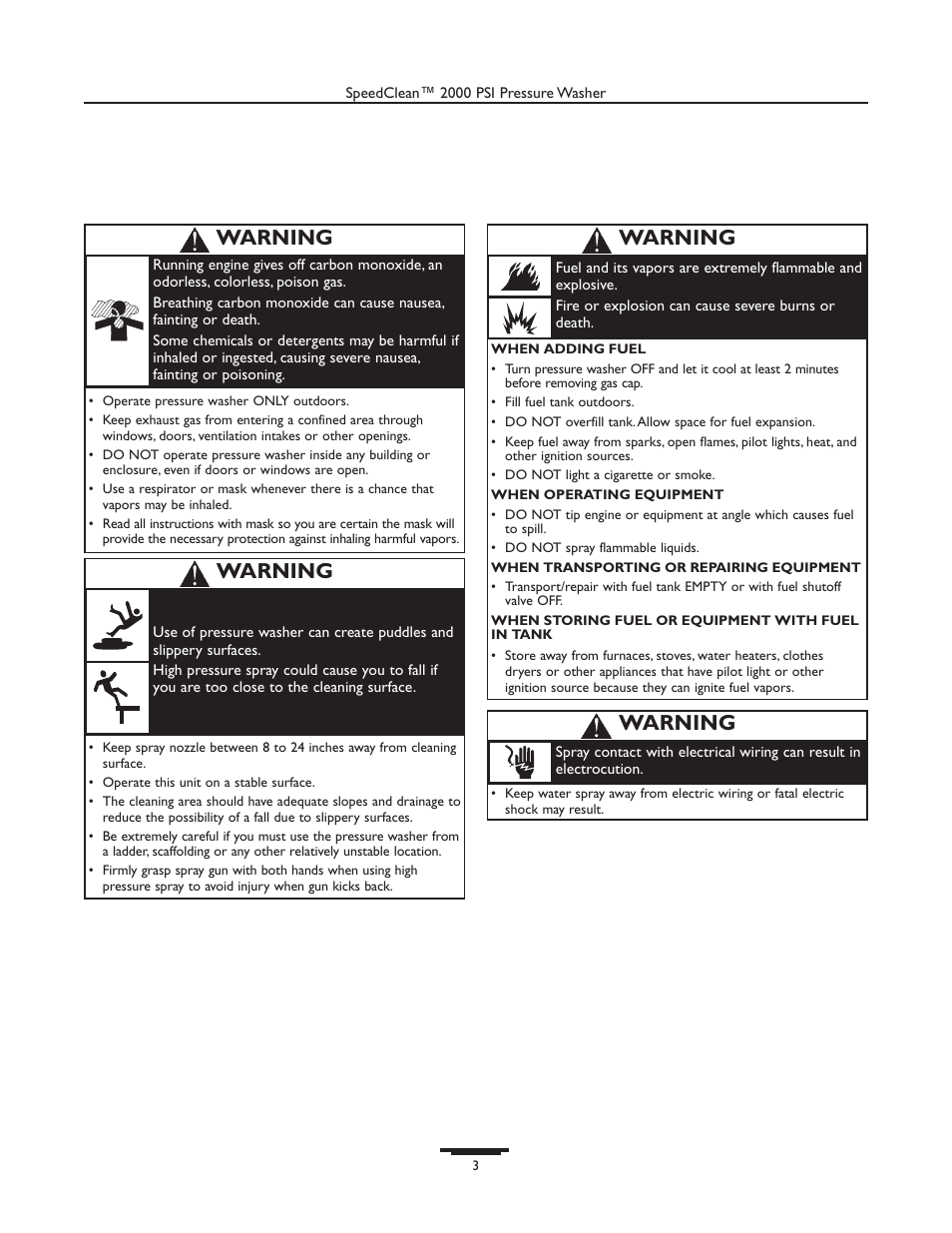 Warning | Briggs & Stratton 020238-0 User Manual | Page 3 / 36