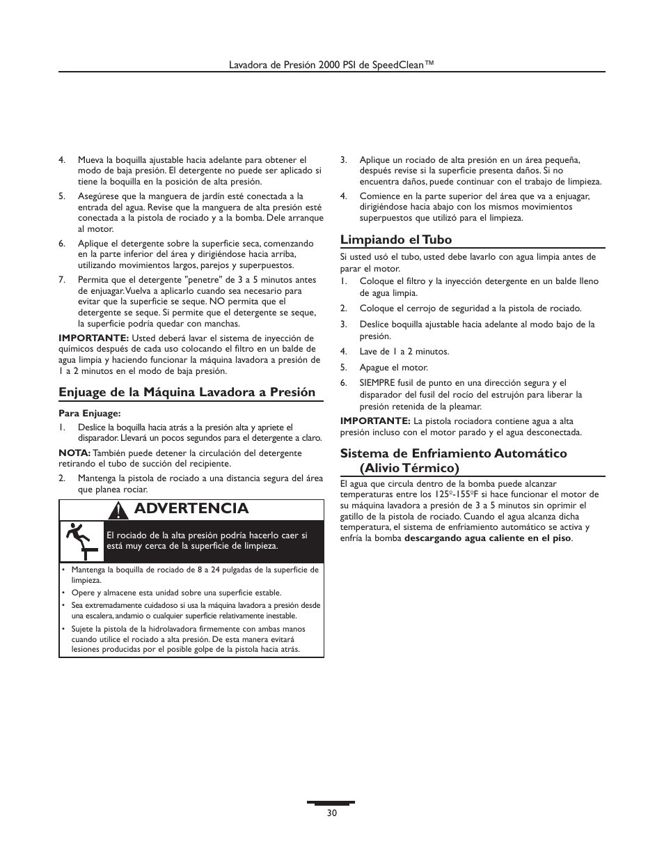 Advertencia, Enjuage de la máquina lavadora a presión, Limpiando el tubo | Briggs & Stratton 020238-0 User Manual | Page 30 / 36