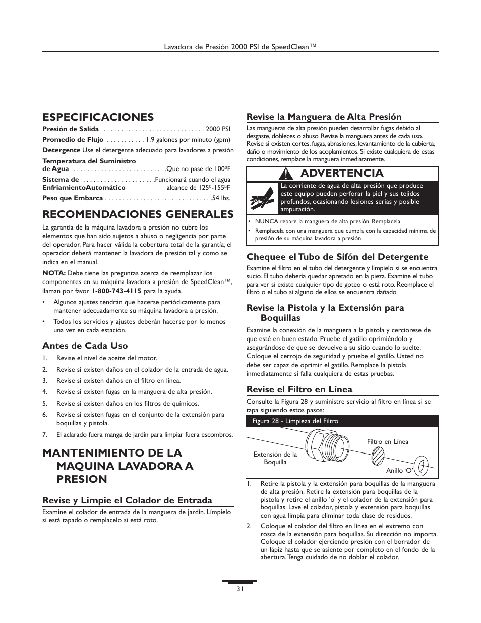 Especificaciones, Recomendaciones generales, Mantenimiento de la maquina lavadora a presion | Advertencia | Briggs & Stratton 020238-0 User Manual | Page 31 / 36
