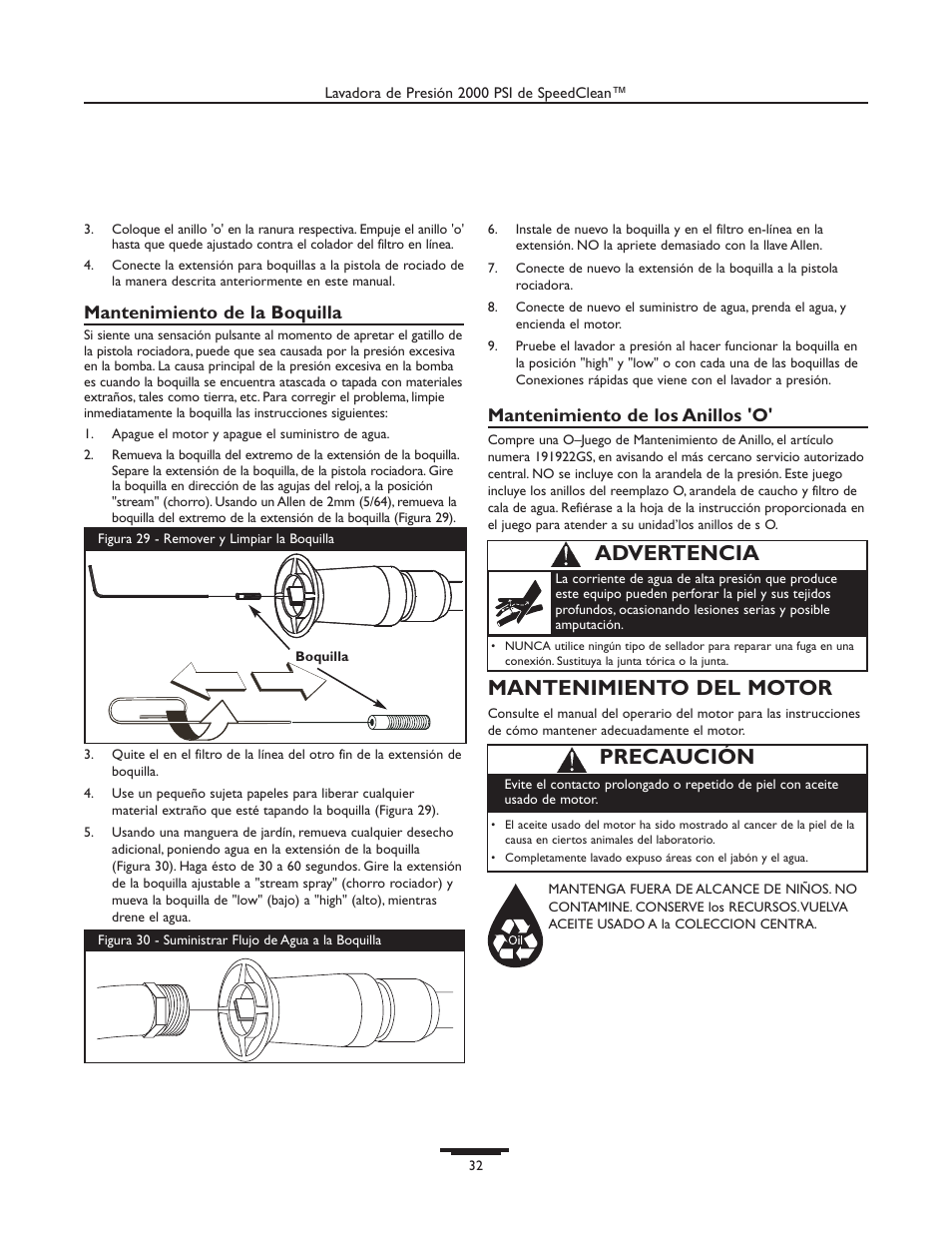 Mantenimiento del motor, Advertencia, Precaución | Mantenimiento de la boquilla, Mantenimiento de los anillos 'o | Briggs & Stratton 020238-0 User Manual | Page 32 / 36