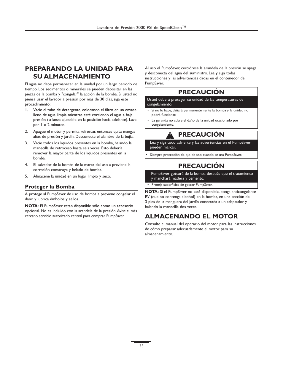 Preparando la unidad para su almacenamiento, Almacenando el motor, Precaución | Briggs & Stratton 020238-0 User Manual | Page 33 / 36