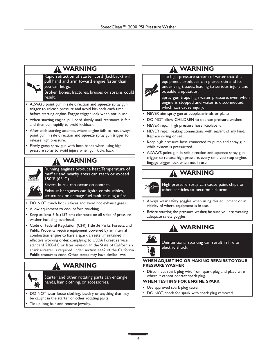 Warning | Briggs & Stratton 020238-0 User Manual | Page 4 / 36