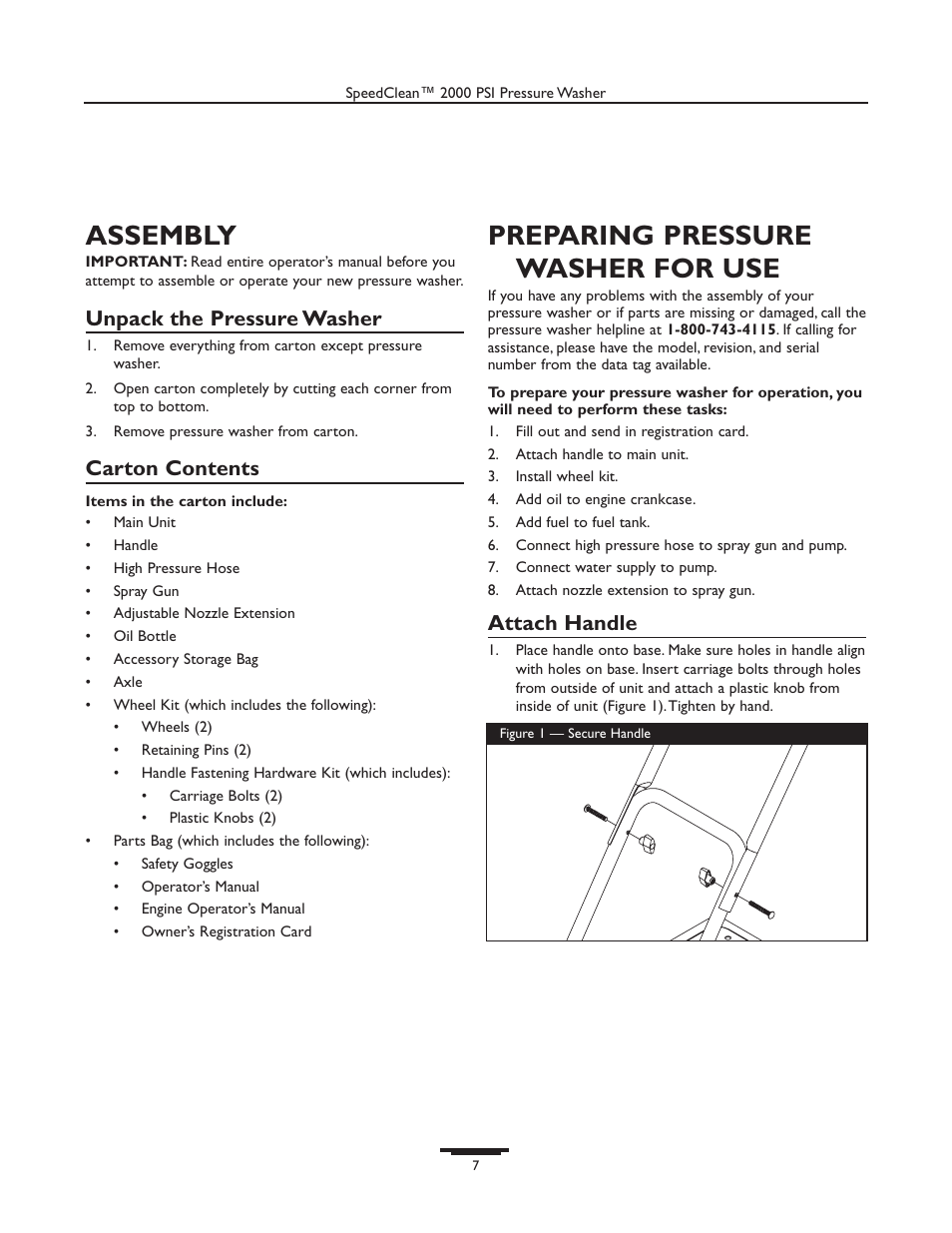 Assembly, Preparing pressure washer for use, Unpack the pressure washer | Carton contents, Attach handle | Briggs & Stratton 020238-0 User Manual | Page 7 / 36