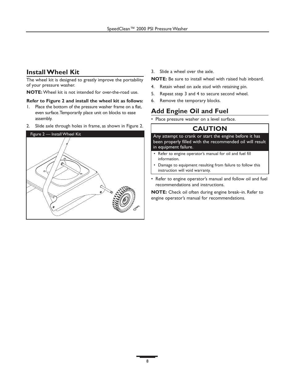 Install wheel kit, Add engine oil and fuel, Caution | Briggs & Stratton 020238-0 User Manual | Page 8 / 36