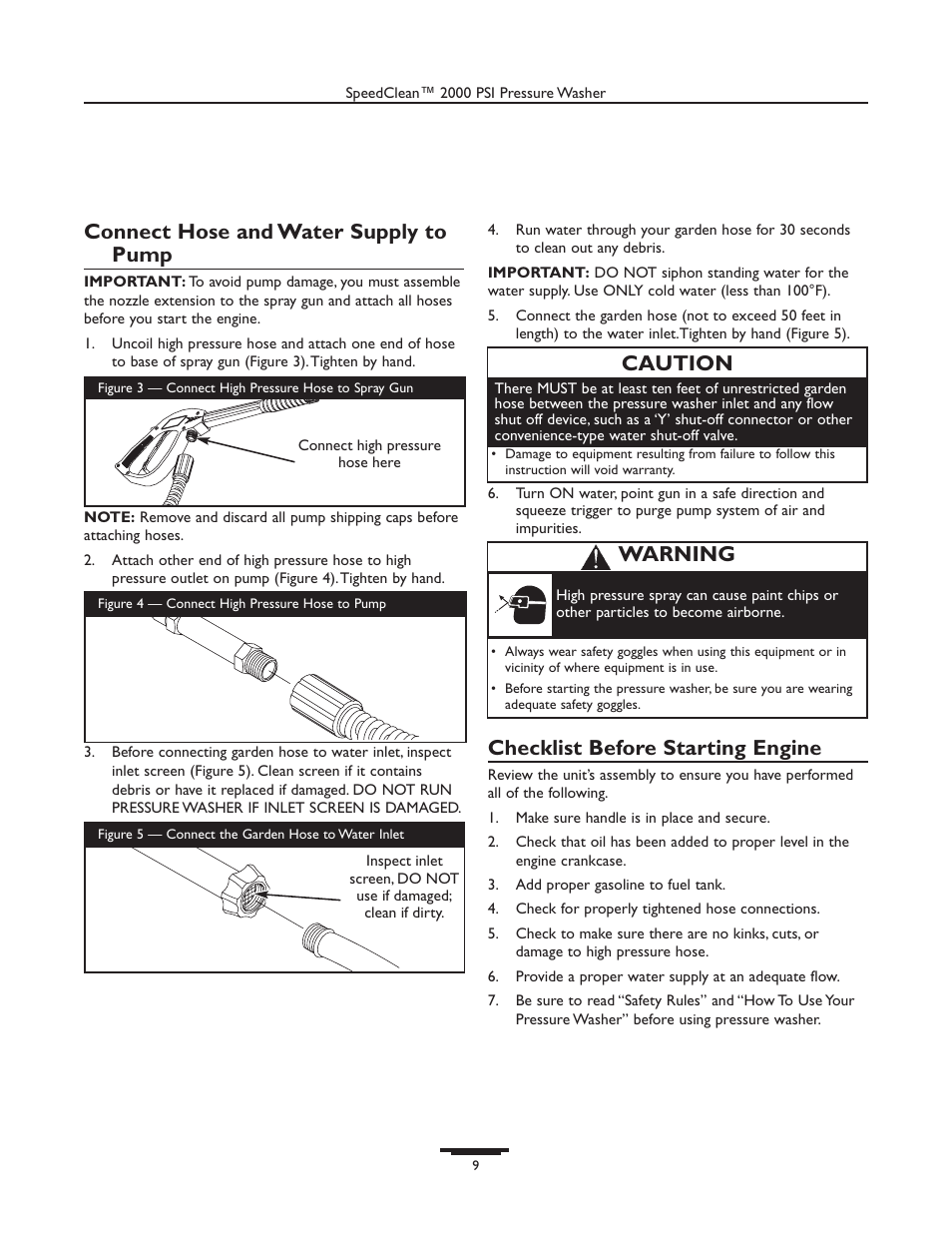 Connect hose and water supply to pump, Checklist before starting engine, Caution | Warning | Briggs & Stratton 020238-0 User Manual | Page 9 / 36