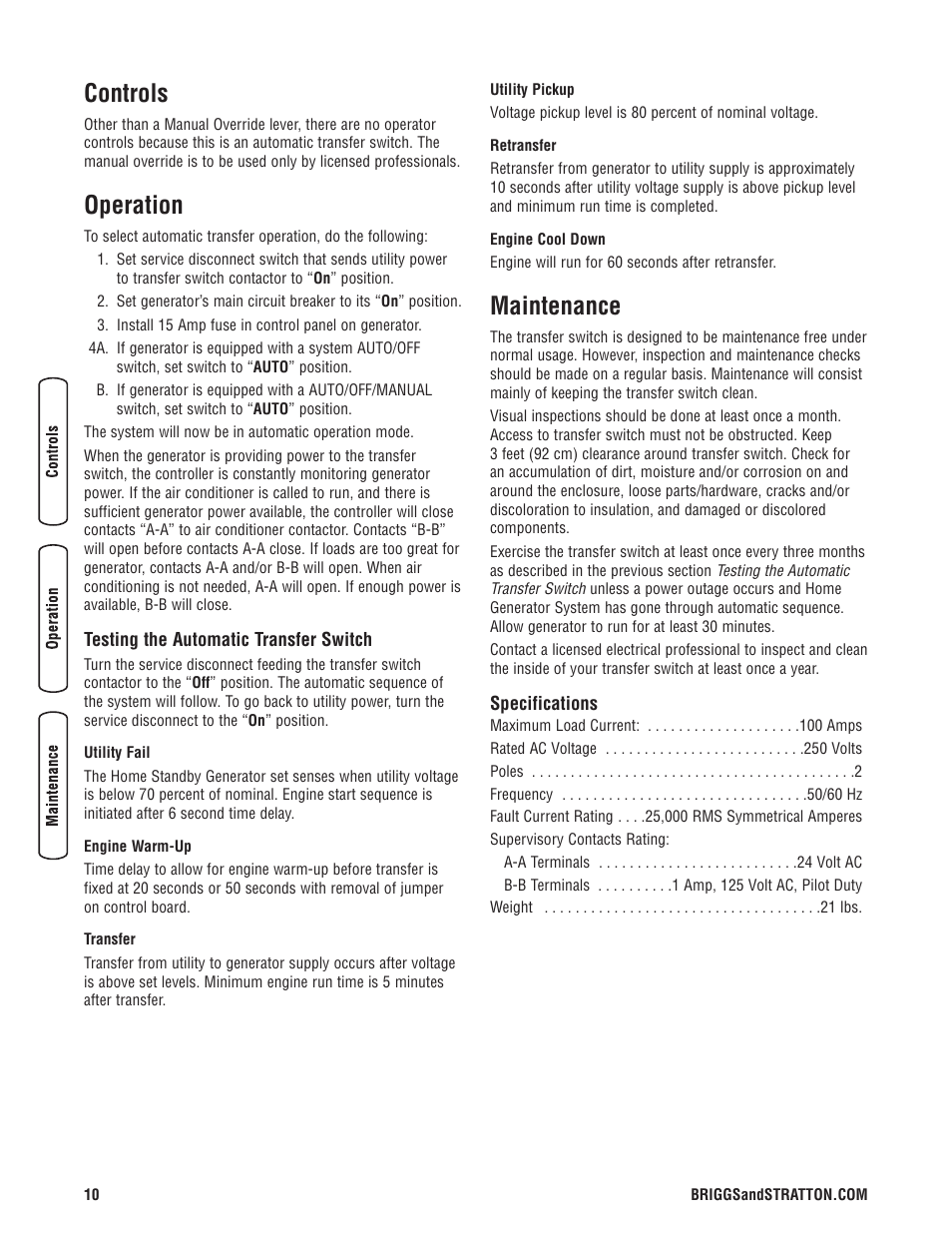 Controls, Operation, Testing the automatic transf | Maintenance, Specifications, Garanti, Commandes, Fonctionnement, Mise à l'essai du commutateu, Entretien | Briggs & Stratton 100 Amp Automatic Transfer Switch User Manual | Page 10 / 40