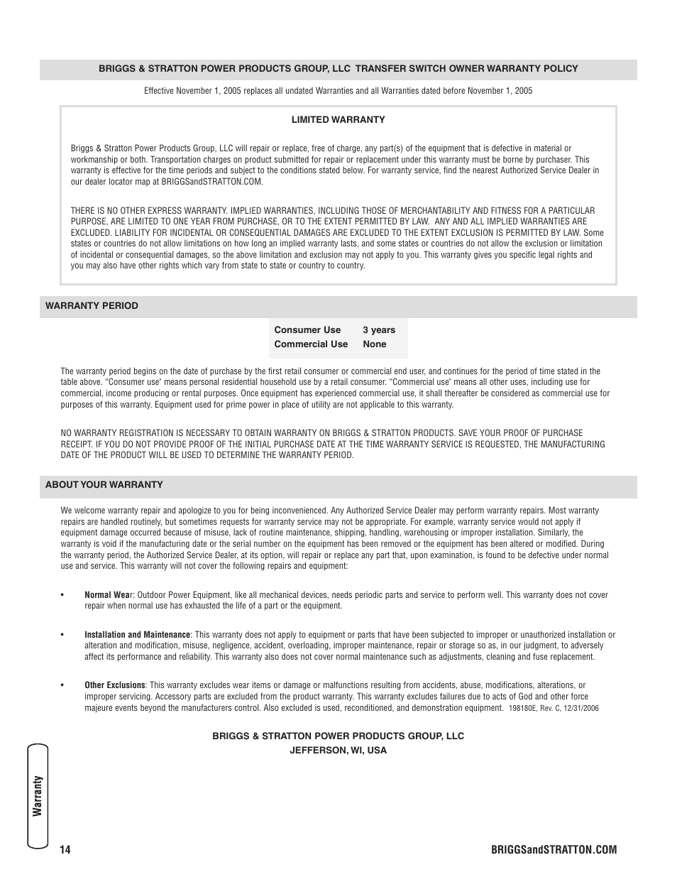 Warrant, Warranty | Briggs & Stratton 100 Amp Automatic Transfer Switch User Manual | Page 14 / 40