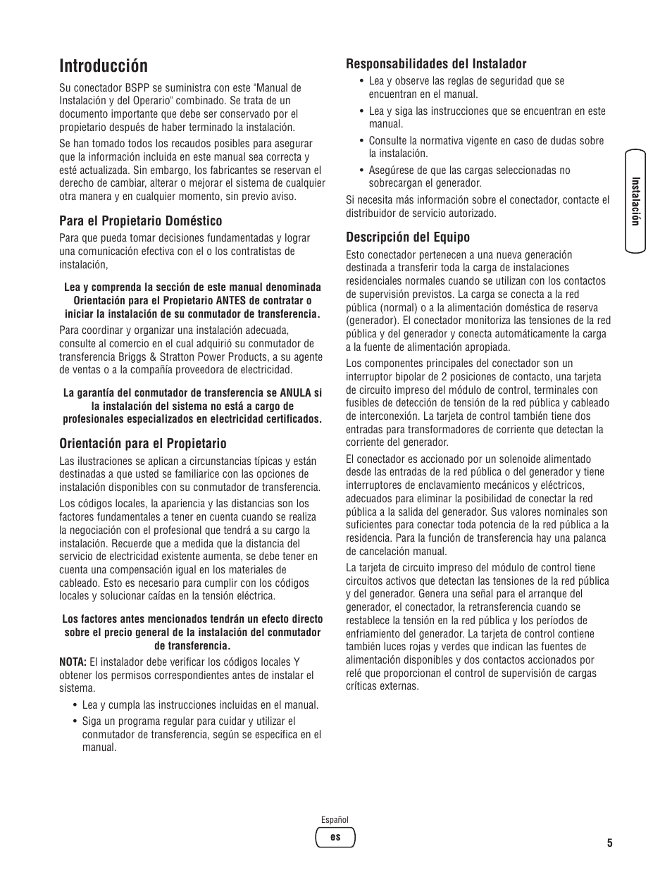 Introducción | Briggs & Stratton 100 Amp Automatic Transfer Switch User Manual | Page 19 / 40