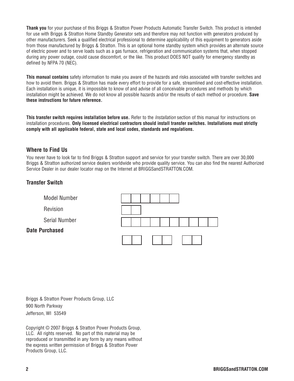 Briggs & Stratton 100 Amp Automatic Transfer Switch User Manual | Page 2 / 40