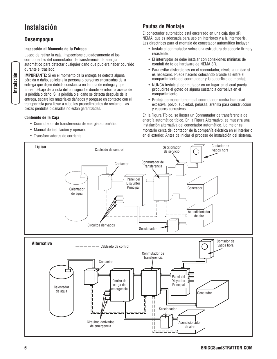 Instalación, Desempaque, Pautas de montaje | Briggs & Stratton 100 Amp Automatic Transfer Switch User Manual | Page 20 / 40