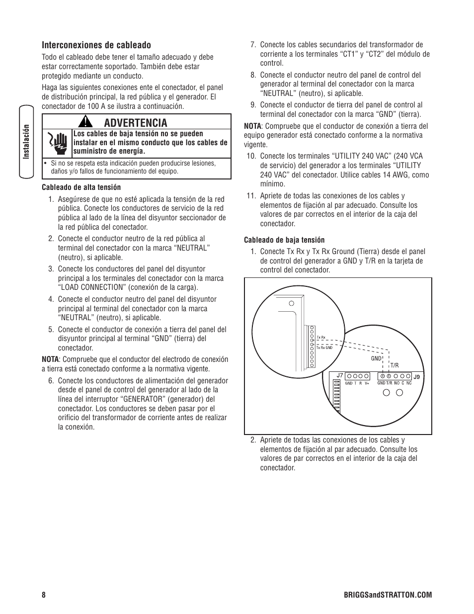 Advertencia | Briggs & Stratton 100 Amp Automatic Transfer Switch User Manual | Page 22 / 40