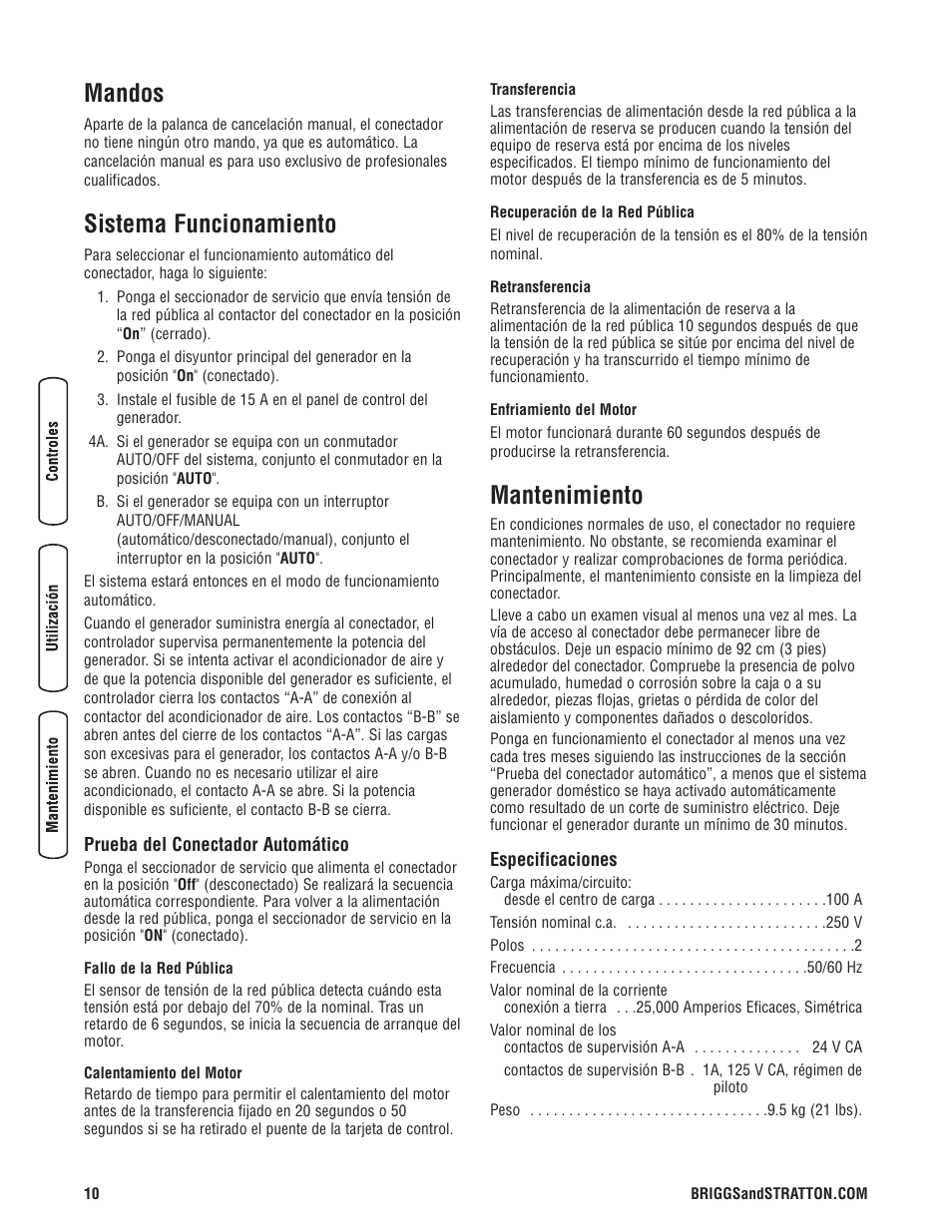 Mandos, Sistema funcionamiento, Mantenimiento | Briggs & Stratton 100 Amp Automatic Transfer Switch User Manual | Page 24 / 40