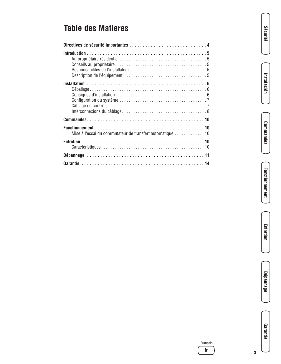 Tocen, Tocfr, Table des matieres | Briggs & Stratton 100 Amp Automatic Transfer Switch User Manual | Page 29 / 40