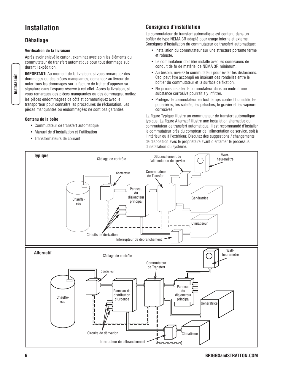 Installation, Déballage, Consignes d'installation | Briggs & Stratton 100 Amp Automatic Transfer Switch User Manual | Page 32 / 40