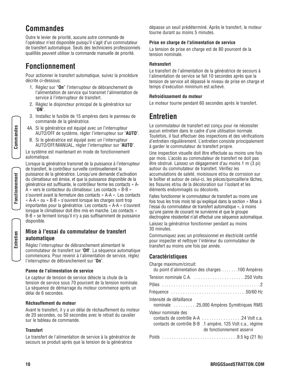Commandes, Fonctionnement, Entretien | Briggs & Stratton 100 Amp Automatic Transfer Switch User Manual | Page 36 / 40