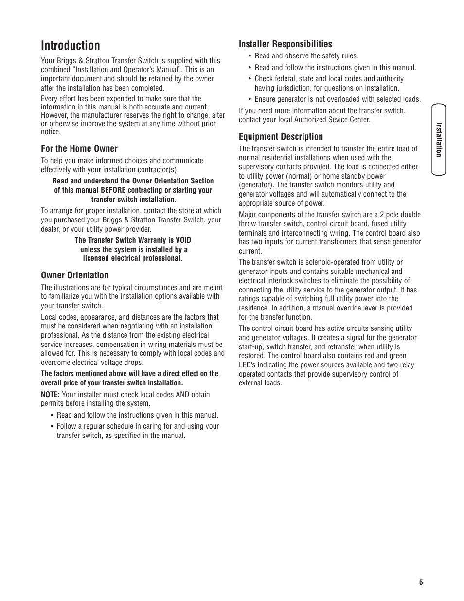 Introduction, For the home owner, Owner orientation | Installer responsibilities, Equipment description, Au propriétaire résidentiel, Conseils au propriétaire, Responsabilités de l'install, Description de l'équipement | Briggs & Stratton 100 Amp Automatic Transfer Switch User Manual | Page 5 / 40