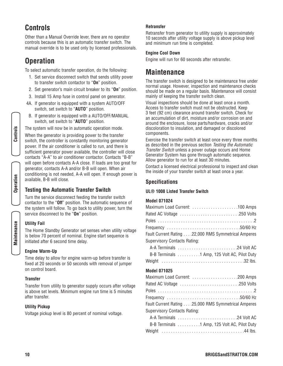 Controls, Operation, Testing the automatic transf | Maintenance, Specifications, Garanti, Fonctionnement, Mise à l'essai du commutateu, Entretien, Caractéristiques | Briggs & Stratton 200010GS User Manual | Page 10 / 40