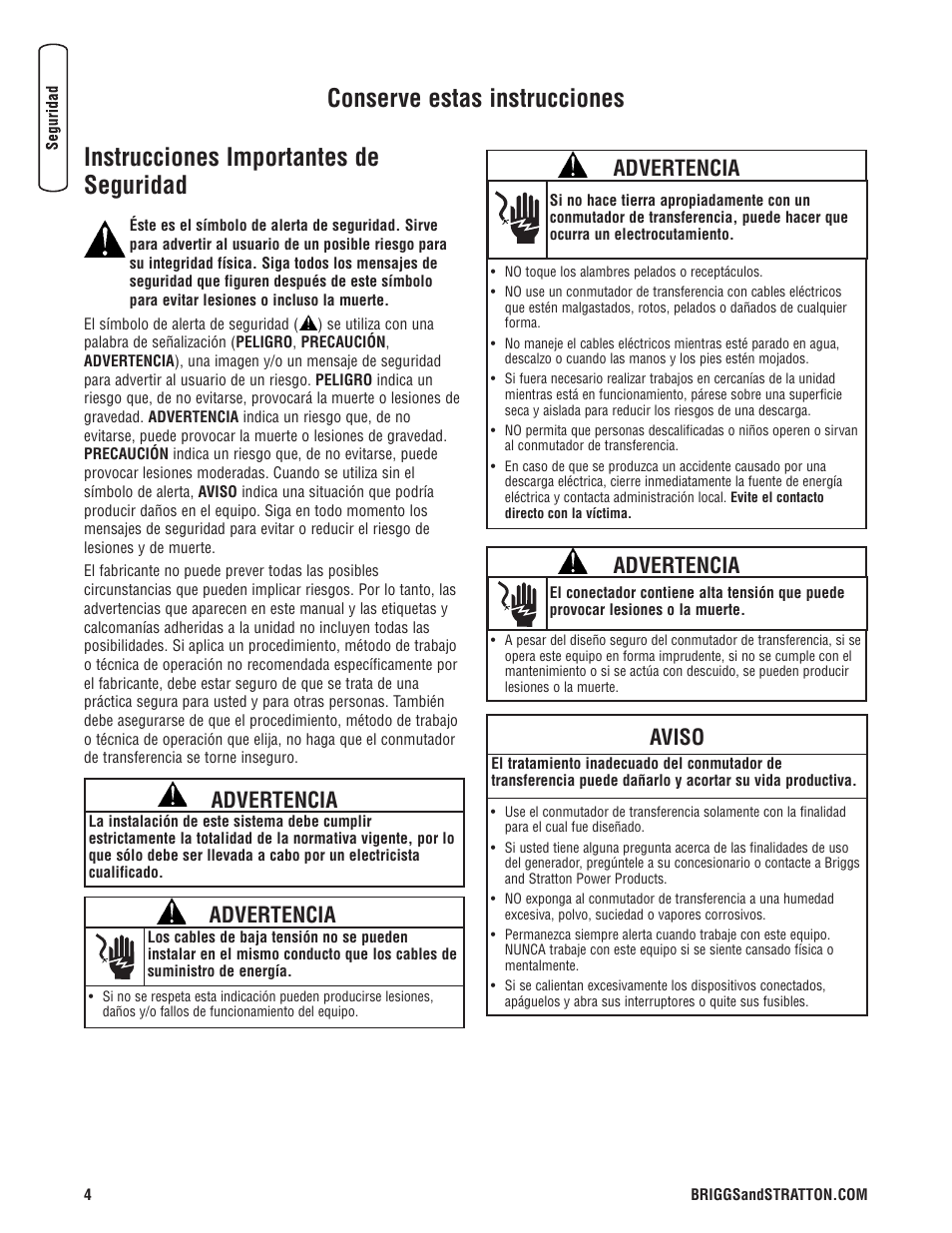 Instrucciones importantes de seguridad, Conserve estas instrucciones, Advertencia | Aviso | Briggs & Stratton 200010GS User Manual | Page 20 / 40