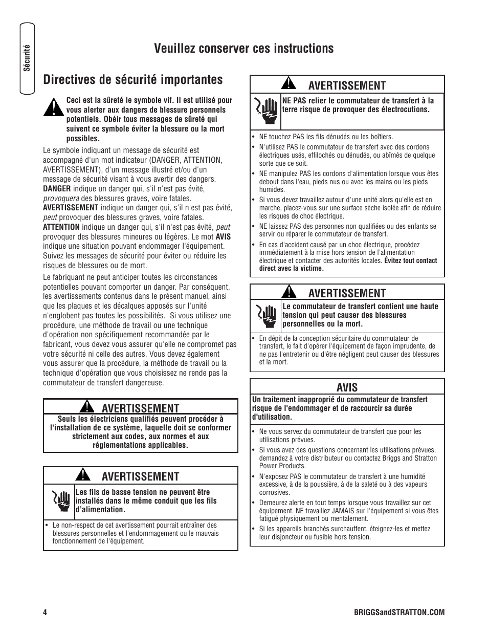 Directives de sécurité importantes, Veuillez conserver ces instructions, Avertissement | Avis | Briggs & Stratton 200010GS User Manual | Page 32 / 40