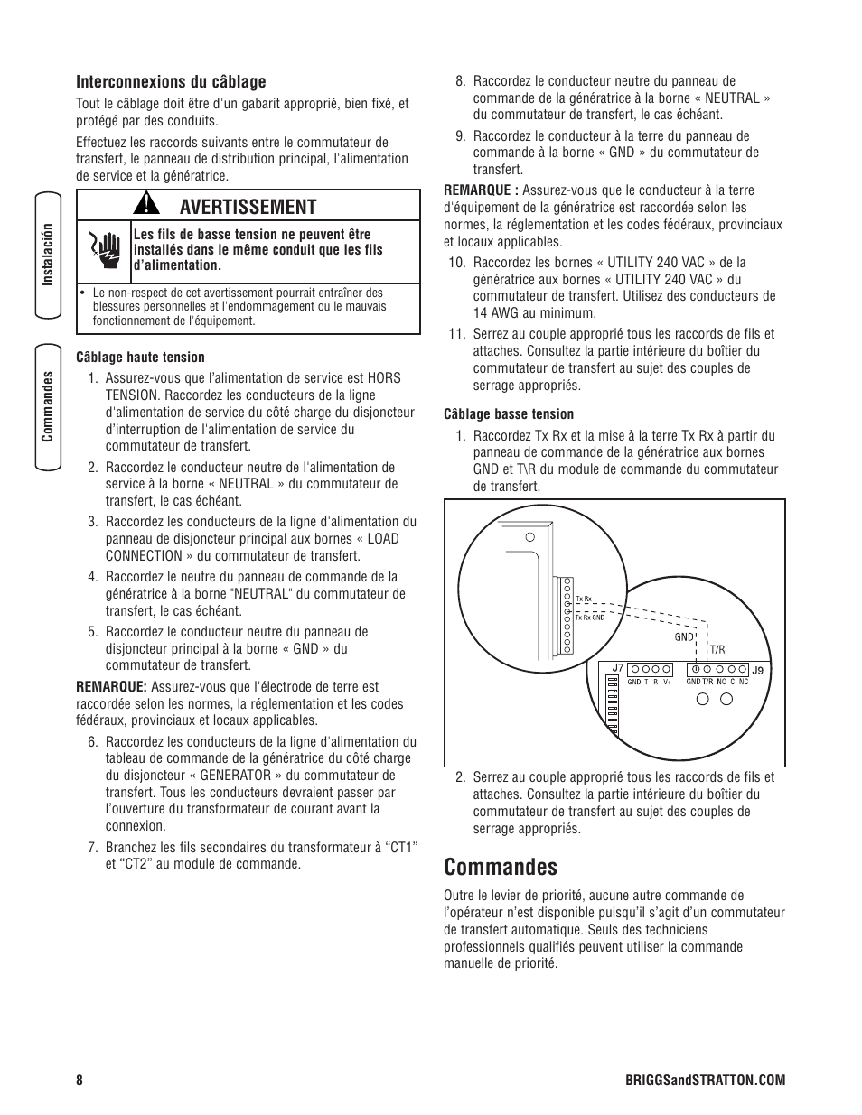 Commandes, Avertissement | Briggs & Stratton 200010GS User Manual | Page 36 / 40