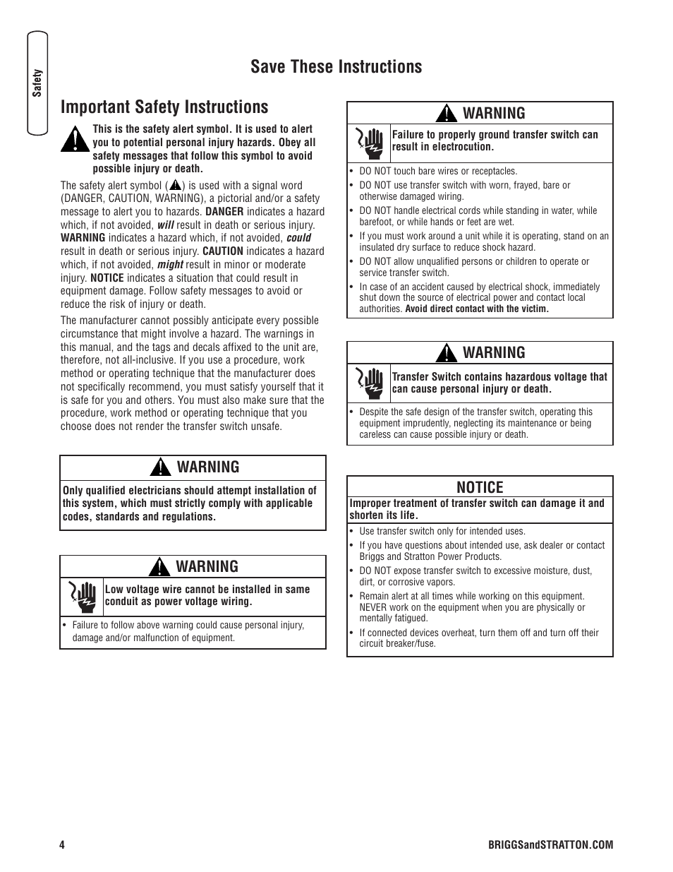 Important safety instructions, Directives de sécurité impor, Save these instructions | Warning, Notice | Briggs & Stratton 200010GS User Manual | Page 4 / 40