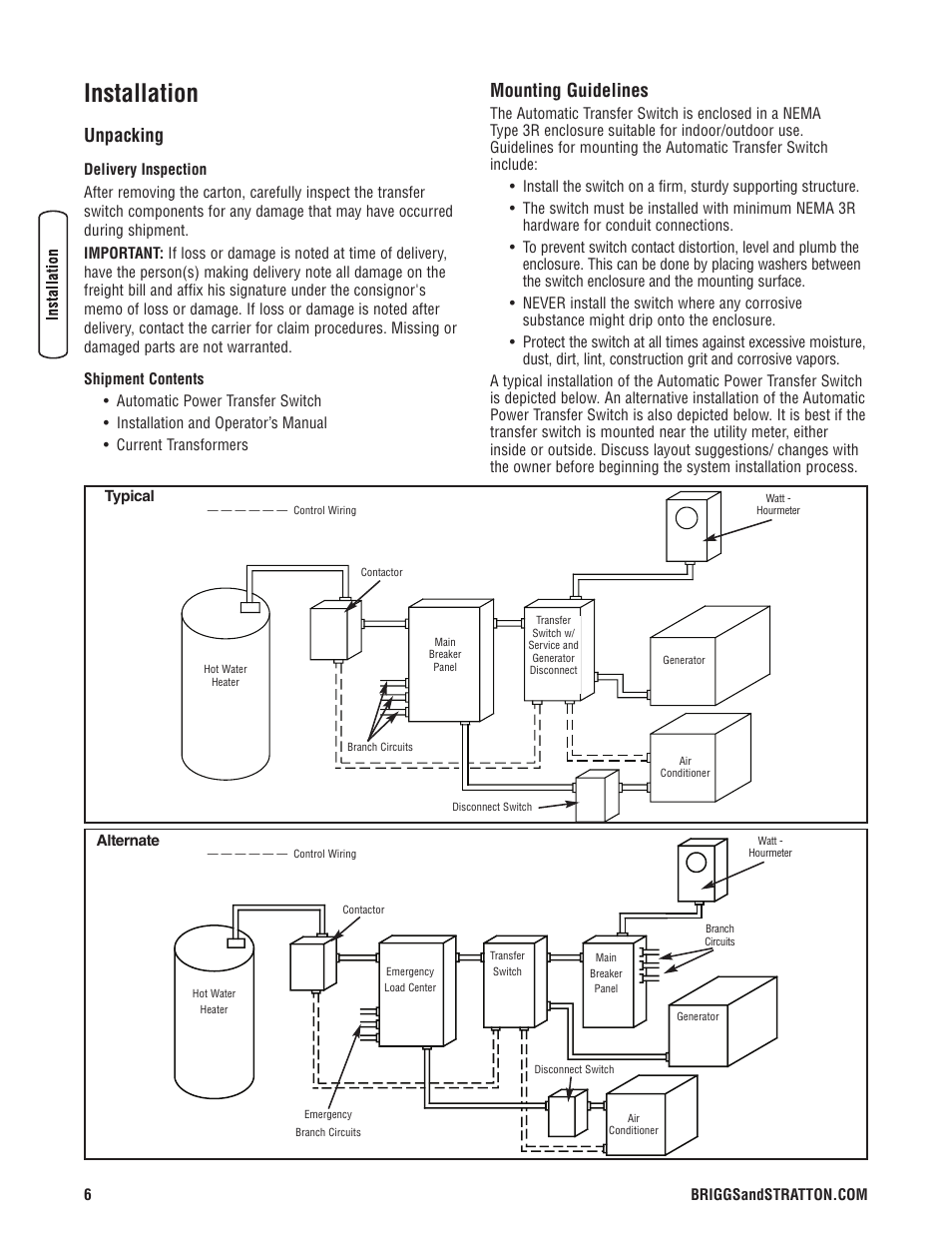 Installation, Unpacking, Mounting guidelines | Déballage, Consignes d'installation, Unpacking mounting guidelines | Briggs & Stratton 200010GS User Manual | Page 6 / 40