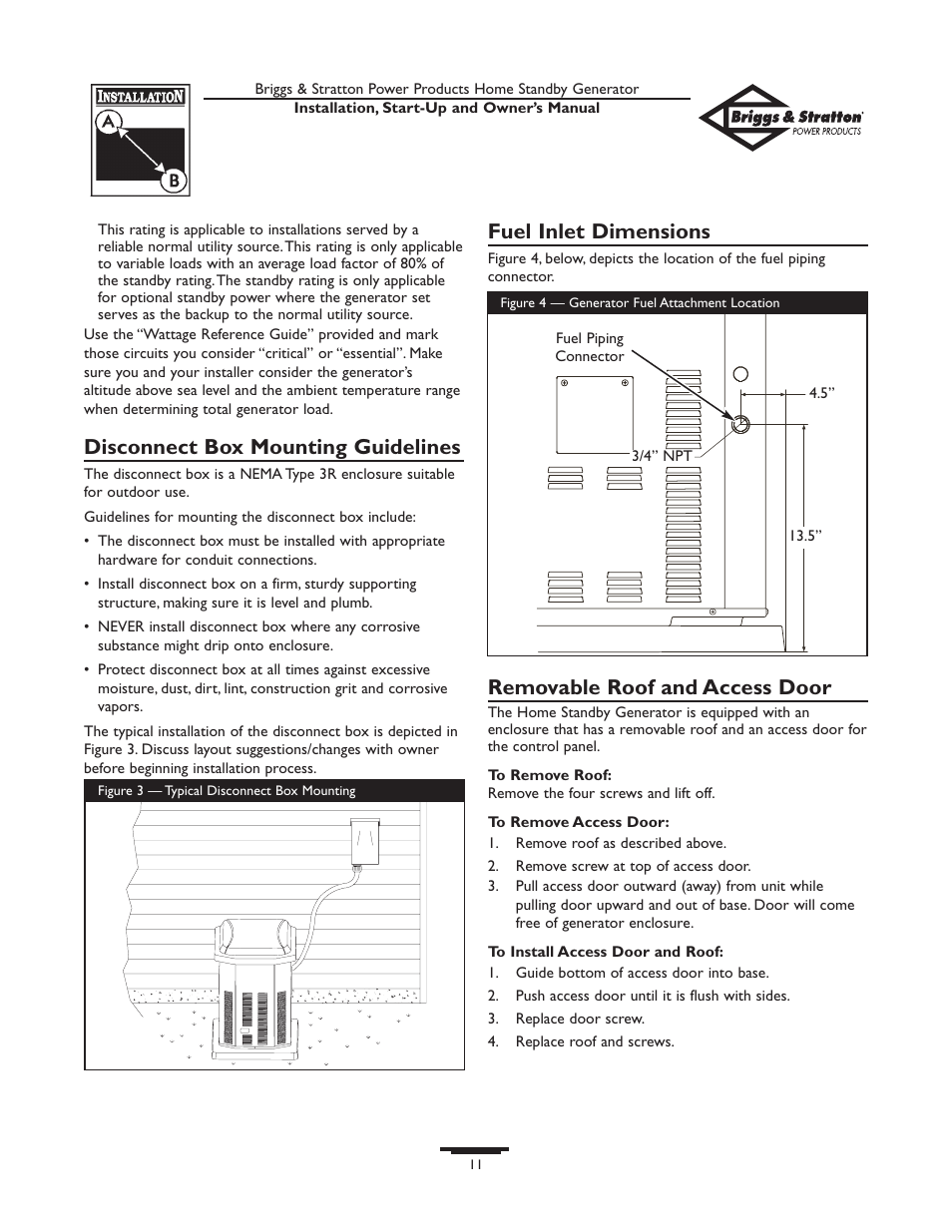 Disconnect box mounting guidelines, Fuel inlet dimensions, Removable roof and access door | Briggs & Stratton Generator User Manual | Page 11 / 84