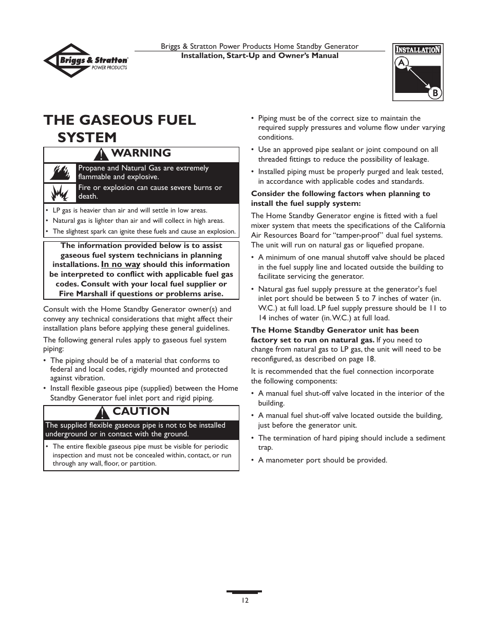 Oil considerations, Battery connection, Fuel supply system | Battery connection fuel supply system, The gaseous fuel system, Caution, Warning | Briggs & Stratton Generator User Manual | Page 12 / 84