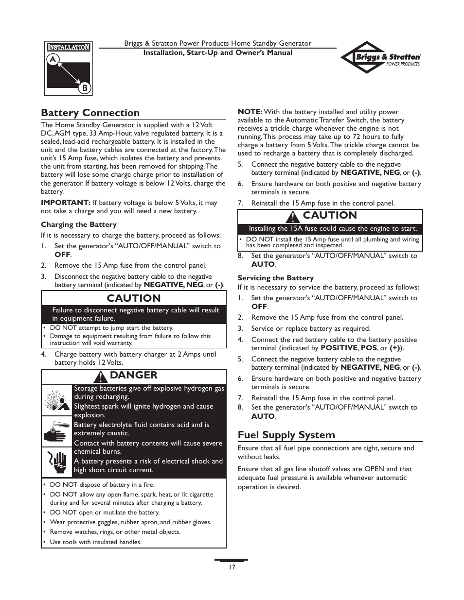 Setting exercise timer, Generator maintenanc, Generator maintenance | Battery connection, Fuel supply system, Danger caution, Caution | Briggs & Stratton Generator User Manual | Page 17 / 84