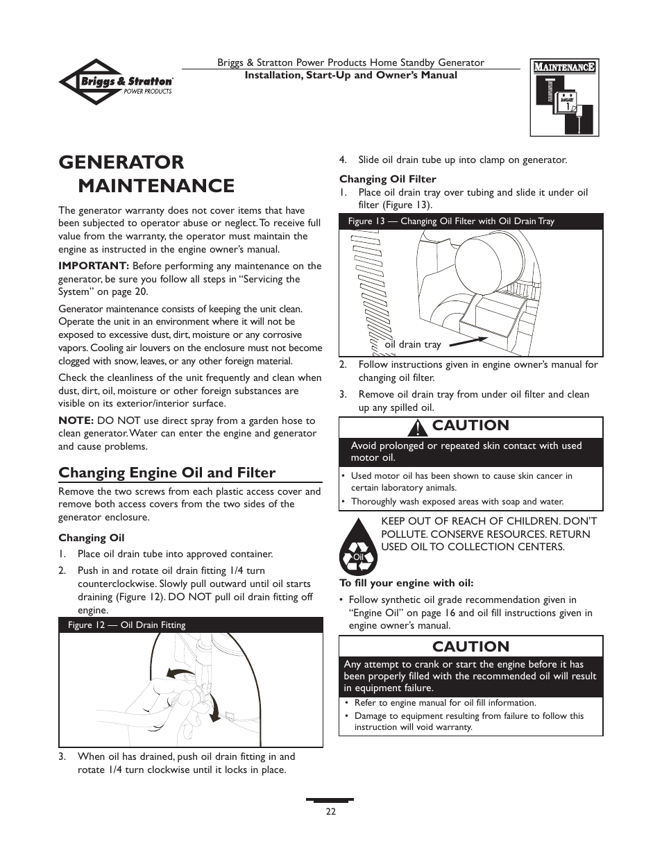 New list, Genera tor maintenance, Changing engine oil and filter | Caution | Briggs & Stratton Generator User Manual | Page 22 / 84