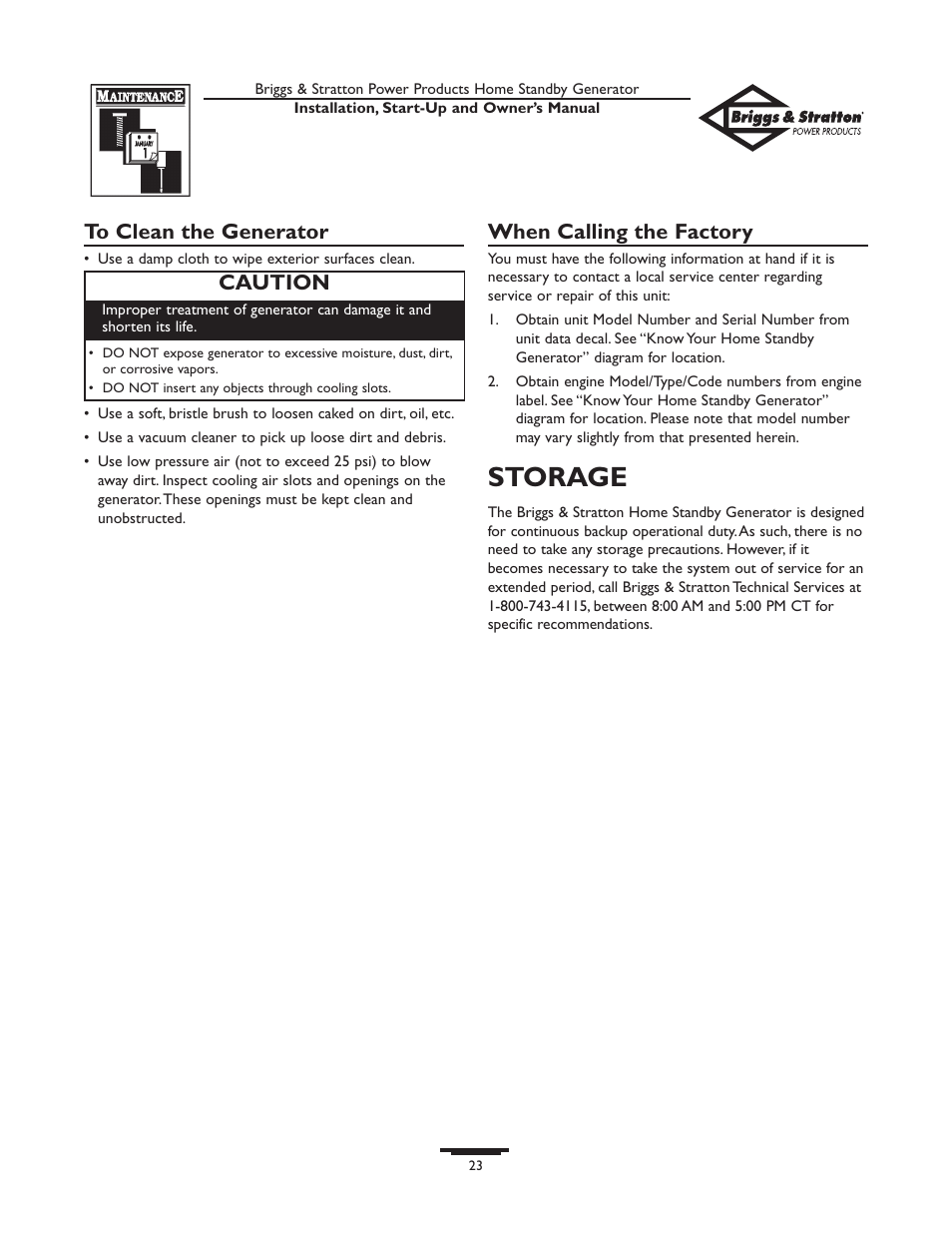 Storage, When calling the factory, Caution | Briggs & Stratton Generator User Manual | Page 23 / 84