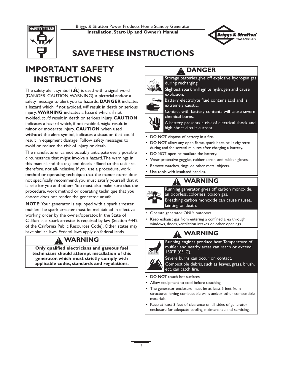 Safety instructions, Safety instructions -4, Important safety instructions | Save these instructions, Warning, Danger | Briggs & Stratton Generator User Manual | Page 3 / 84