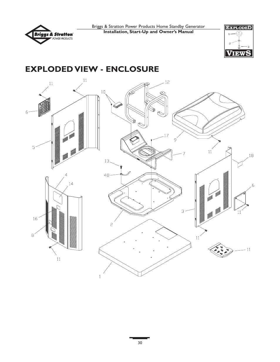 Exploded view - enclosure | Briggs & Stratton Generator User Manual | Page 30 / 84