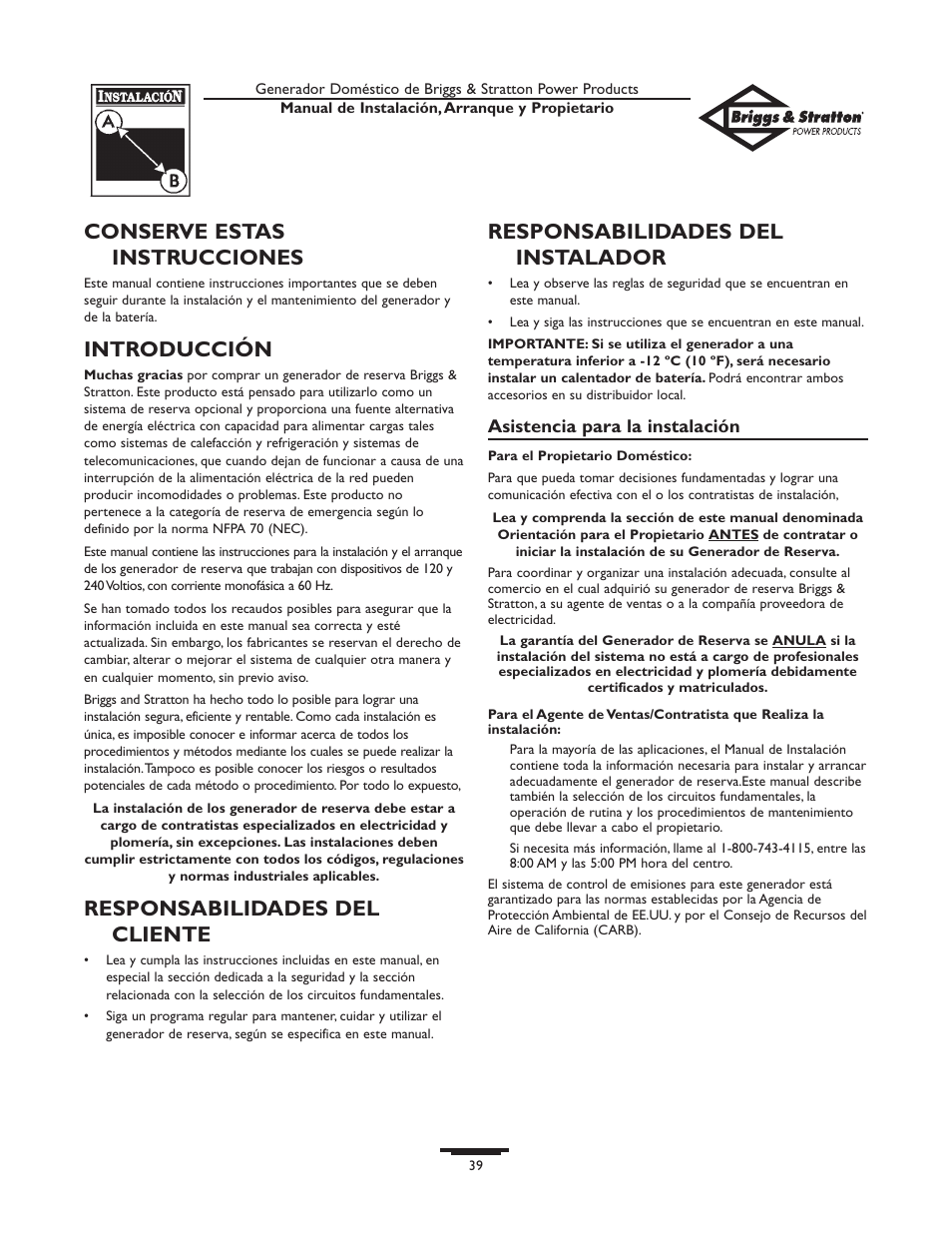 Conserve estas instrucciones, Introducción, Responsabilidades del cliente | Responsabilidades del instalador | Briggs & Stratton Generator User Manual | Page 39 / 84